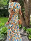 Asymetryczna sukienka w kwiaty FLEUR I niebiesko- pomarańczowa I bawełna I M/L XL/XXL