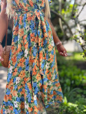 Asymetryczna sukienka w kwiaty FLEUR I niebiesko- pomarańczowa I bawełna I M/L XL/XXL