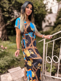 Wiskozowa sukienka maxi CLEO | czerń z błękitem | dekolt V | przewiązanie | rozmiar uniwersalny