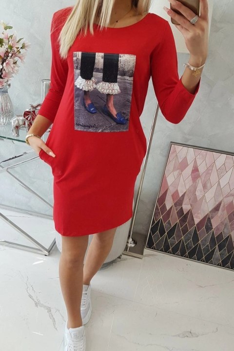 Sukienka z grafiką 3D z cyrkoniami czerwona