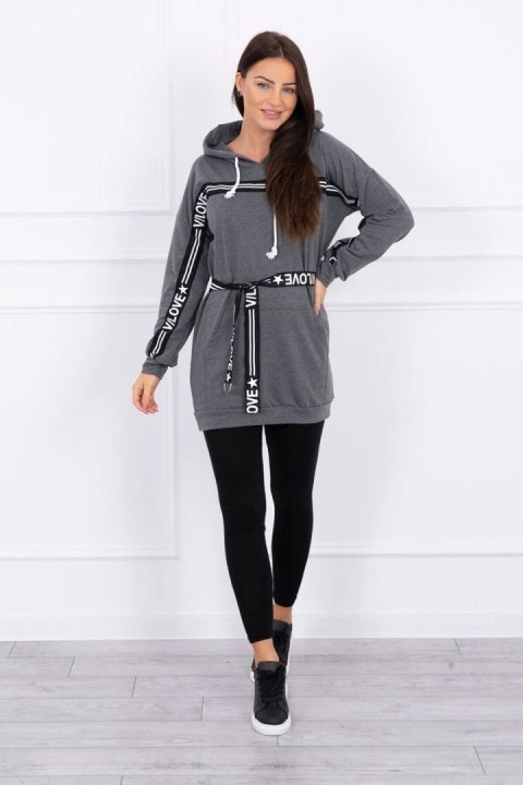 Sukienka zdobiona taśmą z napisami grafitowa