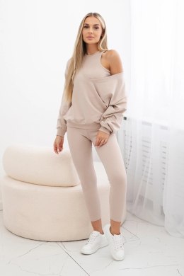 Komplet 3-częściowy bluza + top + legginsy jasny beżowy