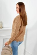 Sweter z ozdobną falbanką camelowy