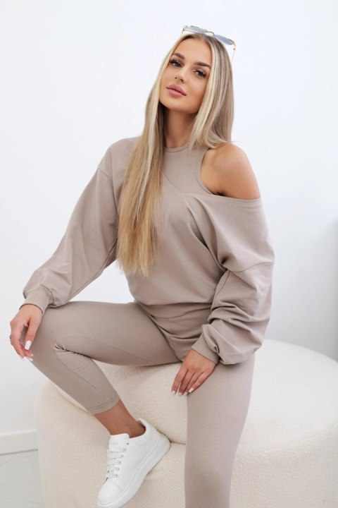 Komplet 3-częściowy bluza + top + legginsy ciemny beżowy