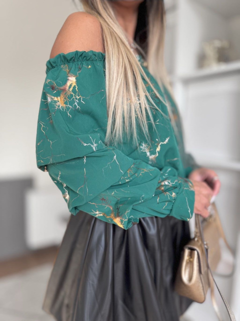 Bluzka hiszpanka WITNEY I BUTELKOWA ZIELEŃ I połyskujący marmurek I one size