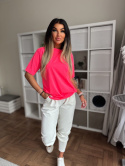 T-shirt bawełniany ASTON | neon róż | okrągły dekolt |oversize | 100 % bawełna