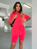 Bawełniany komplet ROSS | neonowy róż | t-shirt+krótkie spodenki | rozmiar uniwersalny