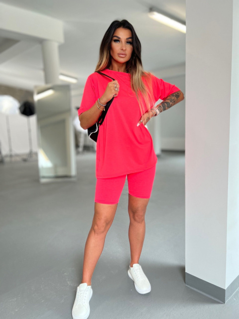 Bawełniany komplet ROSS | neonowy róż | t-shirt+krótkie spodenki | rozmiar uniwersalny