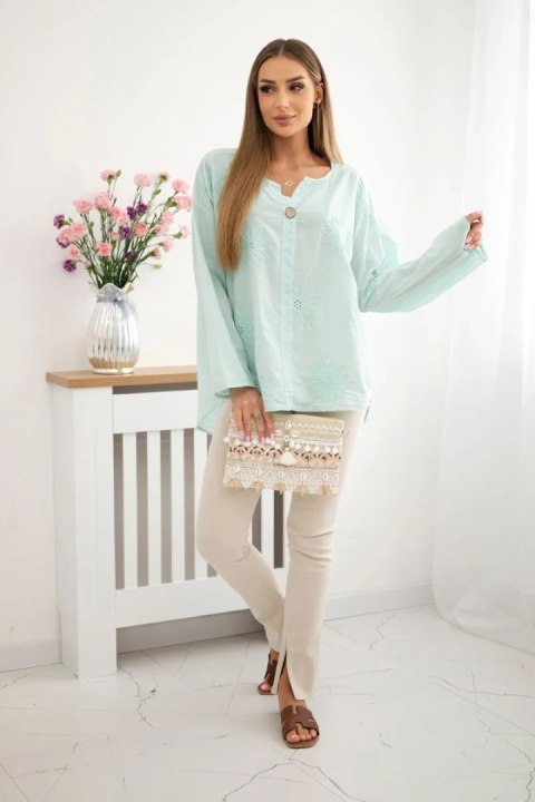 Bluzka koszulowa z haftowanym wzorem miętowa