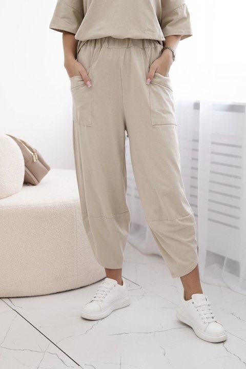 Komplet bawełniany bluzka + spodnie beżowy