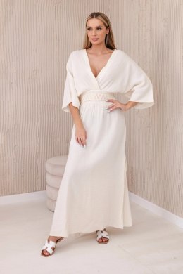 Sukienka muślinowa z haftem w talii jasno beżowa