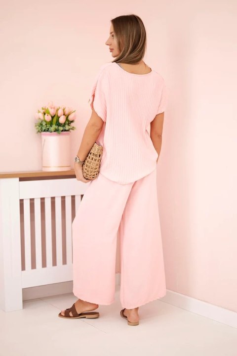 Komplet z wiskozy bluzka plisowana + spodnie pudrowy róż