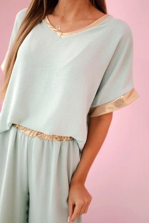 Komplet z wiskozy ze złotym obszyciem ciemny miętowy