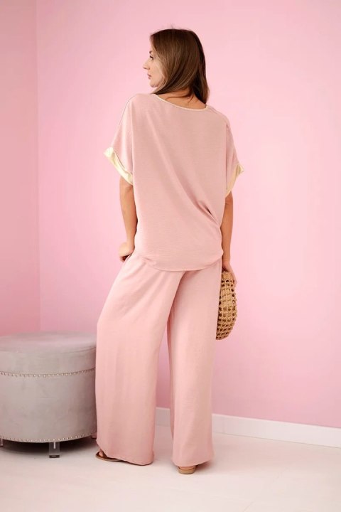 Komplet z wiskozy ze złotym obszyciem ciemny pudrowy róż