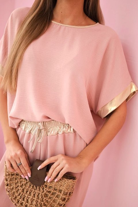 Komplet z wiskozy ze złotym obszyciem ciemny pudrowy róż