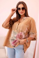 Bluzka damska z bawełny z kwiatowym wzorem i guzikami camelowa