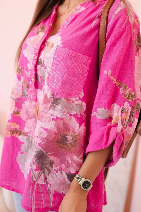 Bluzka damska z bawełny z kwiatowym wzorem i guzikami różowa