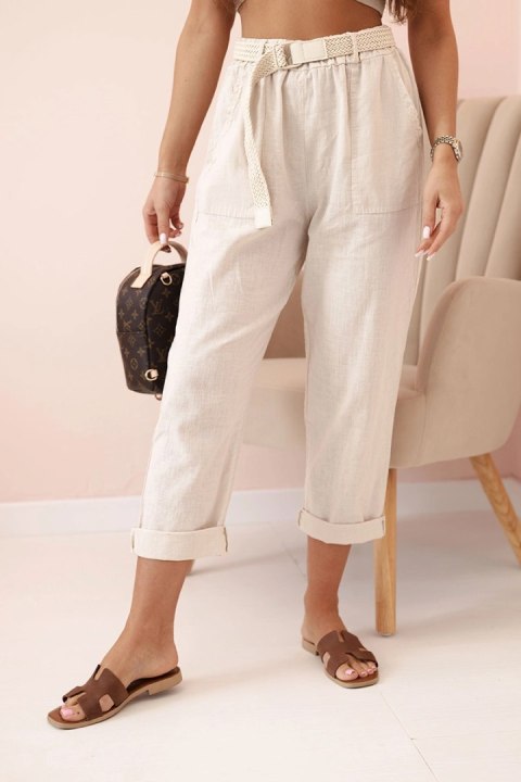 Spodnie damskie lniane z bawełną i paskiem beżowe