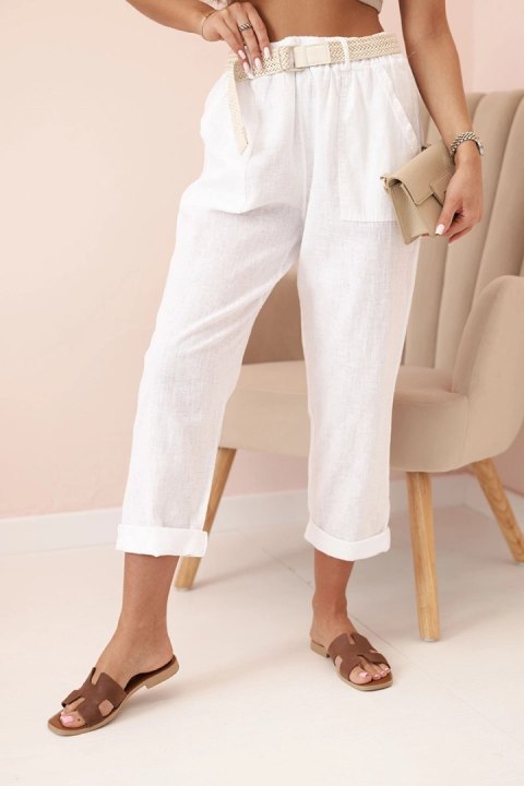 Spodnie damskie lniane z bawełną i paskiem białe
