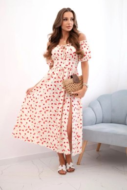 Sukienka damska maxi w kwiaty z bufkami beżowy+czerwony