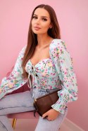 Bluzka damska hiszpanka w kwiaty, długi rękaw miętowa