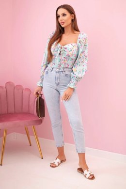 Bluzka damska hiszpanka w kwiaty, długi rękaw miętowa