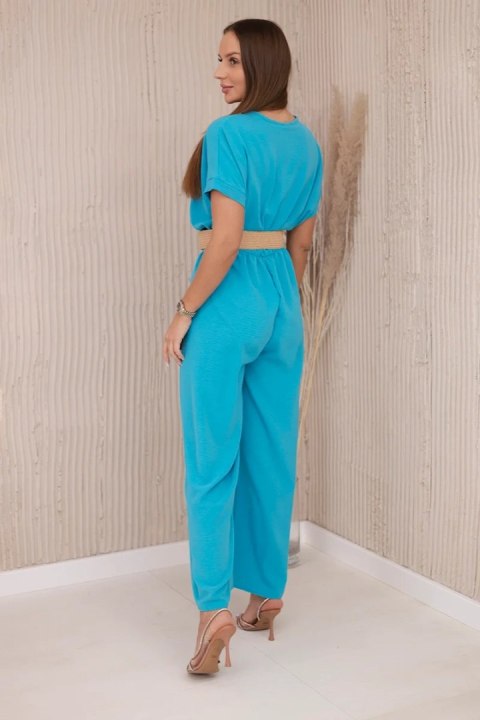 Kombinezon z ozdobnym paskiem w talii turkusowy