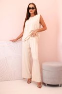 Komplet damski z wiskozy bez rękawów i prostymi spodniami jasny beżowy