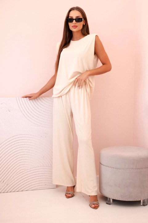 Komplet damski z wiskozy bez rękawów i prostymi spodniami jasny beżowy
