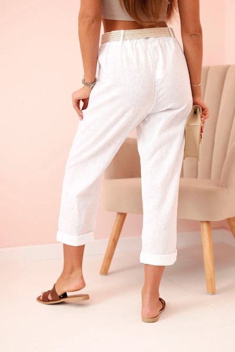 Spodnie damskie lniane z bawełną i paskiem białe