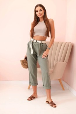 Spodnie damskie lniane z bawełną i paskiem khaki