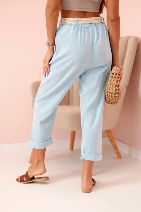 Spodnie damskie lniane z bawełną i paskiem niebieskie