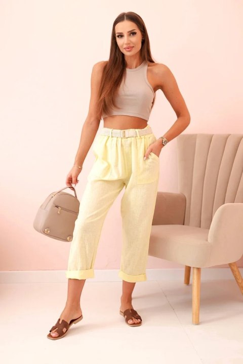 Spodnie damskie lniane z bawełną i paskiem żółte
