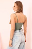 Bluzka body damska na ramiączka z marszczeniem i dekoltem V jasne khaki