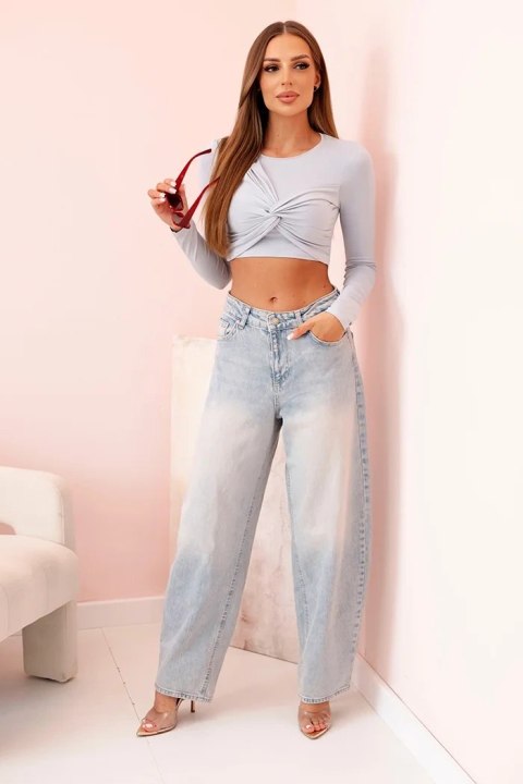 Bluzka damska z długim rękawem i efektownym marszczeniem na biuście szara