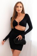 Sukienka damska z długim rękawem i wycięciem w talii z ozdobnym kółkiem czarna