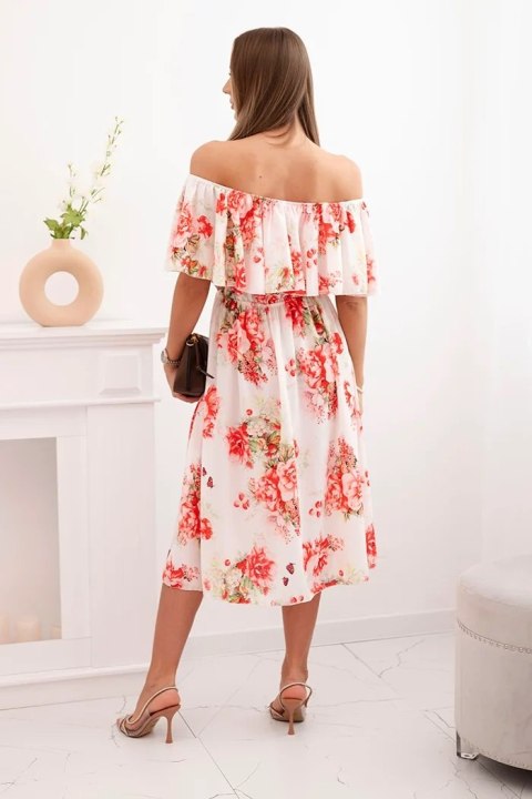 Sukienka damska z falbaną i odkrytymi ramionami w kwiaty czerwona
