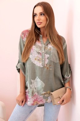 Bluzka damska z bawełny z kwiatowym wzorem i guzikami khaki
