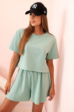 Komplet damski bawełniany z szerokimi szortami ciemny miętowy