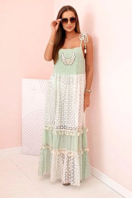 Sukienka damska boho na ramiączkach z haftem i koronką miętowa