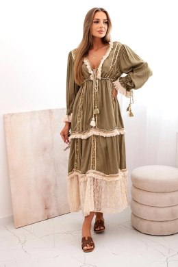 Sukienka damska boho z koronką khaki