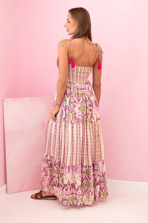 Sukienka damska maxi z wiskozy na ramiączkach z gumką i falbaną fioletowa