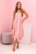Sukienka damska na ramiączkach rozkloszowana z asymetrycznym dołem pudrowy róż