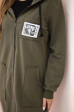 Bluza damska dłuższa z kapturem i zamkiem khaki