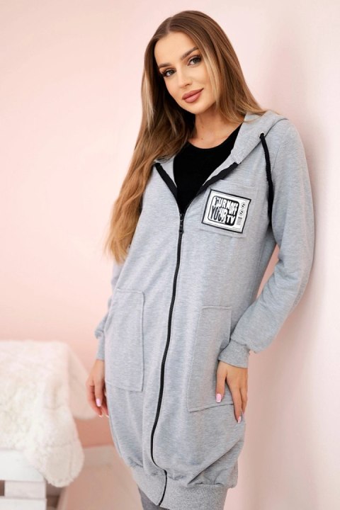 Bluza damska dłuższa z kapturem i zamkiem szara