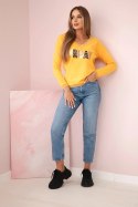 Bluza damska z napisem z cekinami musztardowa
