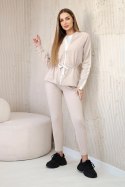 Komplet damski bawełniany z lampasem i ściągaczami beżowy