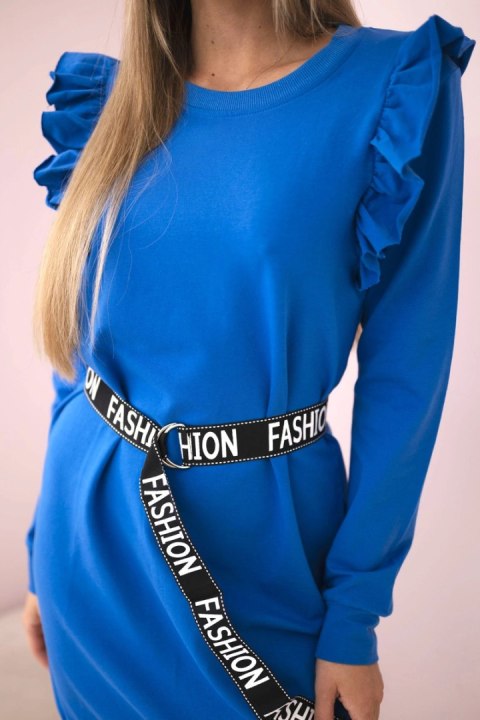 Sukienka damska z falbanami i paskiem chabrowa