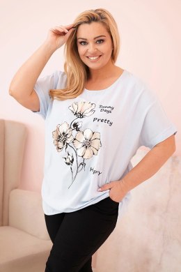 Bluzka damska Plus Size z wiskozy z kwiatowym nadrukiem i napisem niebieska