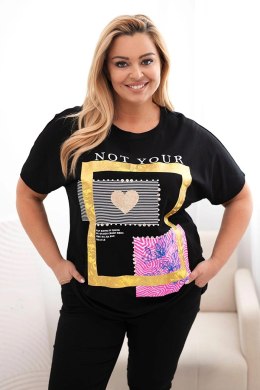 Bluzka damska bawełniana Plus Size ze złotym napisem czarny + żółty